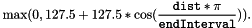 \[ \textrm{max}(0, 127.5 + 127.5 * \cos( \frac{\texttt{dist} * \pi}{\texttt{endInterval}})). \]